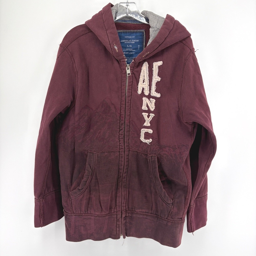 Y2K American Eagle Jacket Mens L Vintage Zip Hoodie Maroon Patch Embroidered